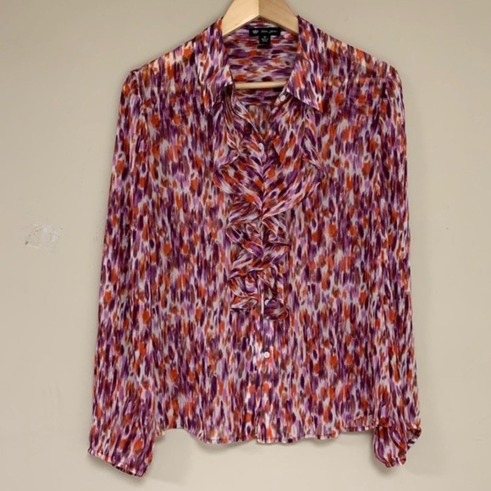 Tres Jolie Colorful Sheer Ruffle Front Button Down Blouse Top Women’s Medium